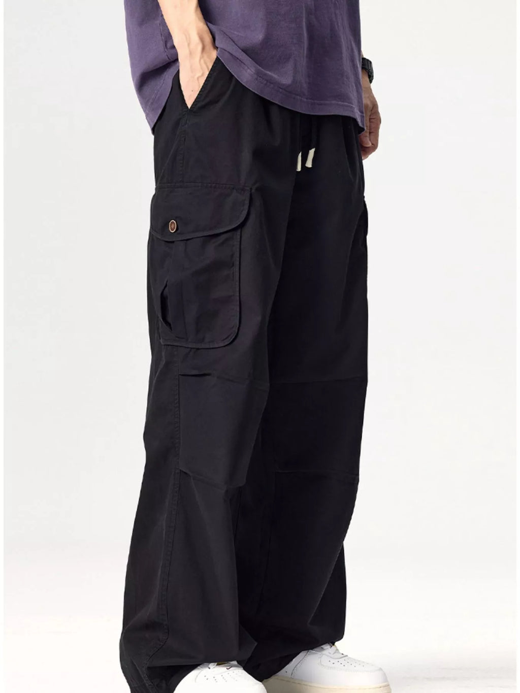 Plus Size Drawstring Wide Leg Cargo Pants in Deep Khaki for Men