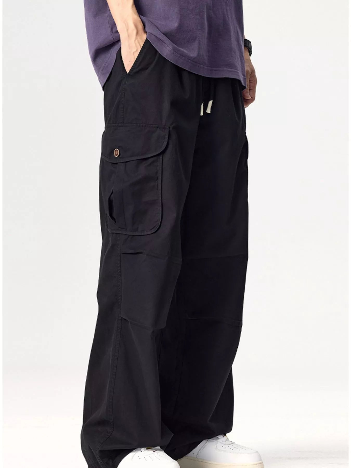 Plus Size Drawstring Wide Leg Cargo Pants in Deep Khaki for Men