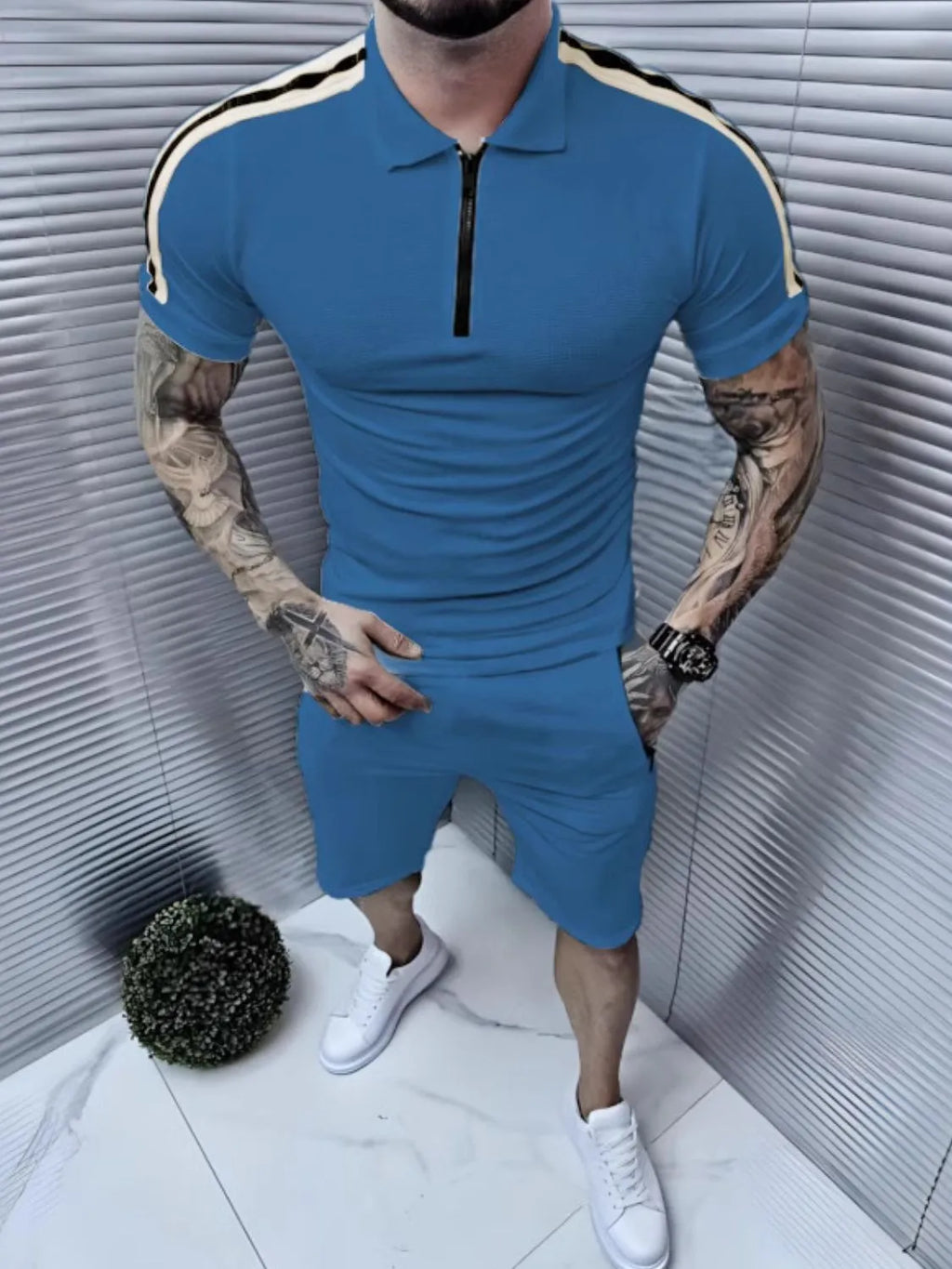 Collared Neck Short Sleeve Top and Shorts Set in Black for Men