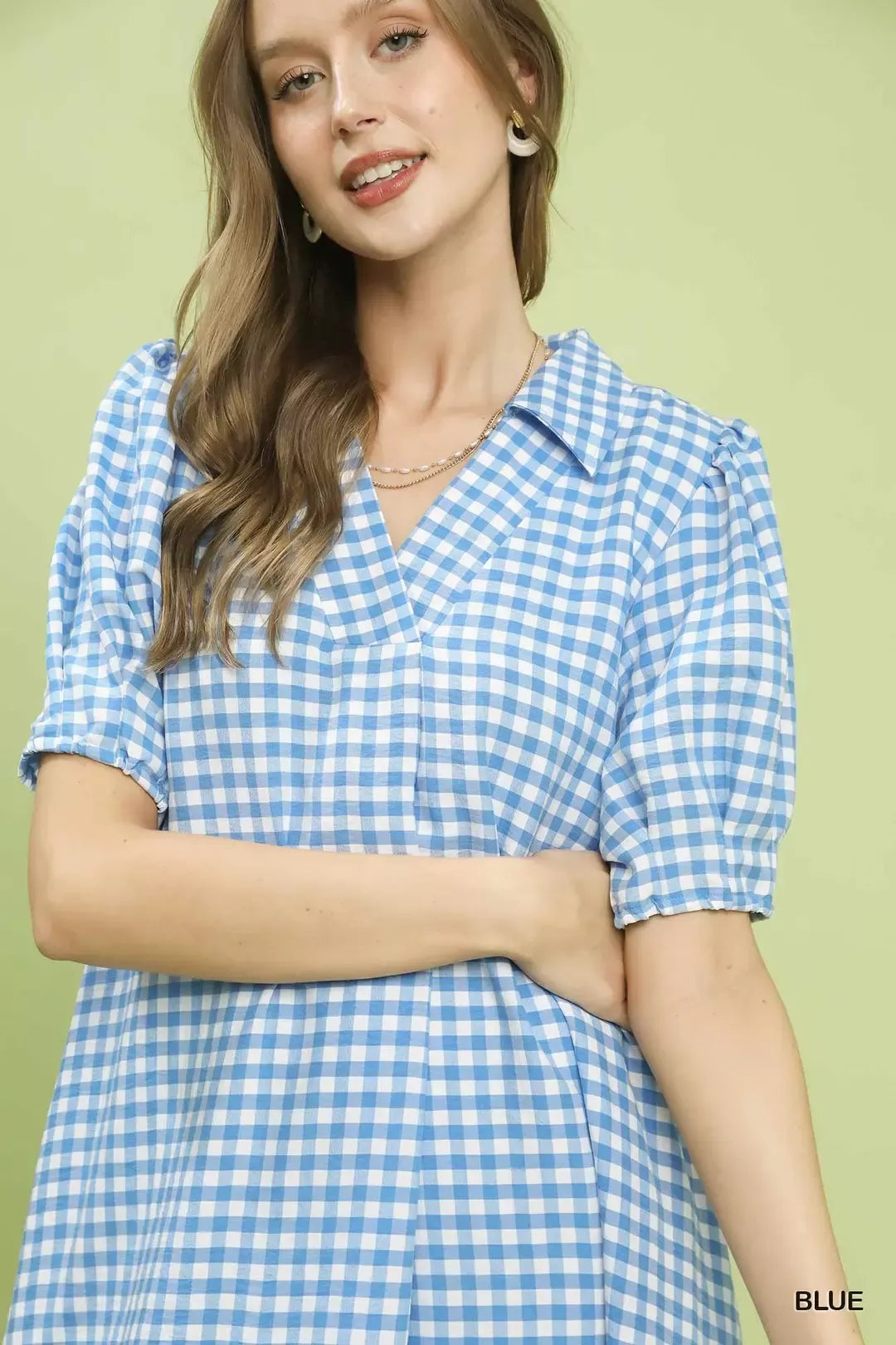 Gingham Midi Dress with Side Pockets in Blue for Women