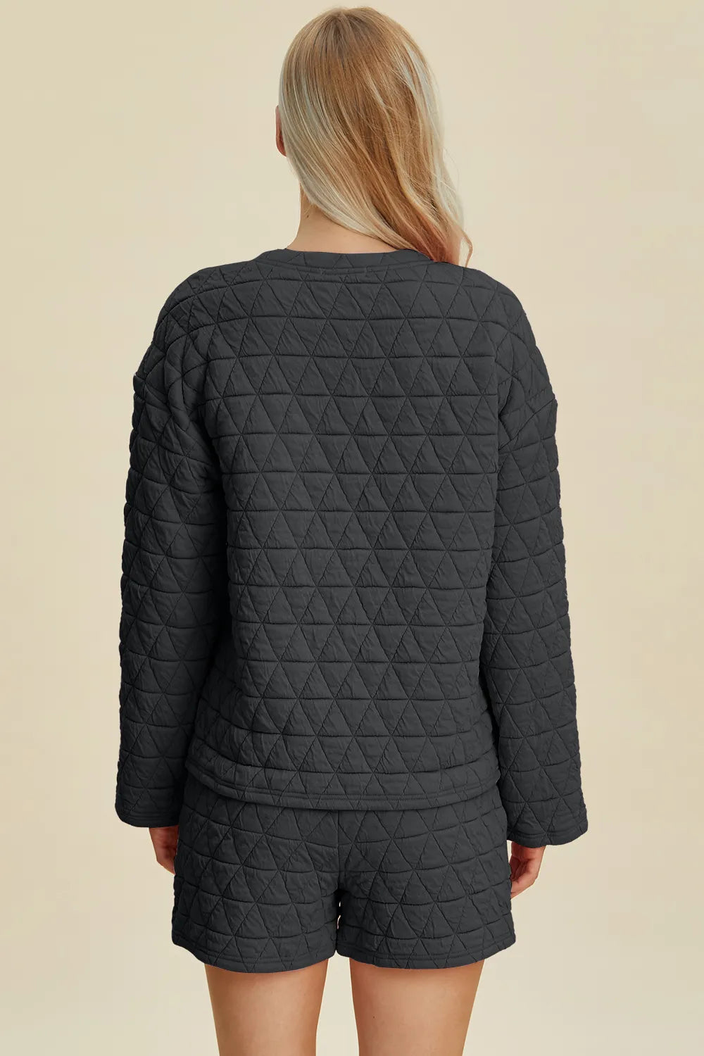 Plus Size Texture Round Neck Long Sleeve Top and Shorts Set in Pink in Black for Women