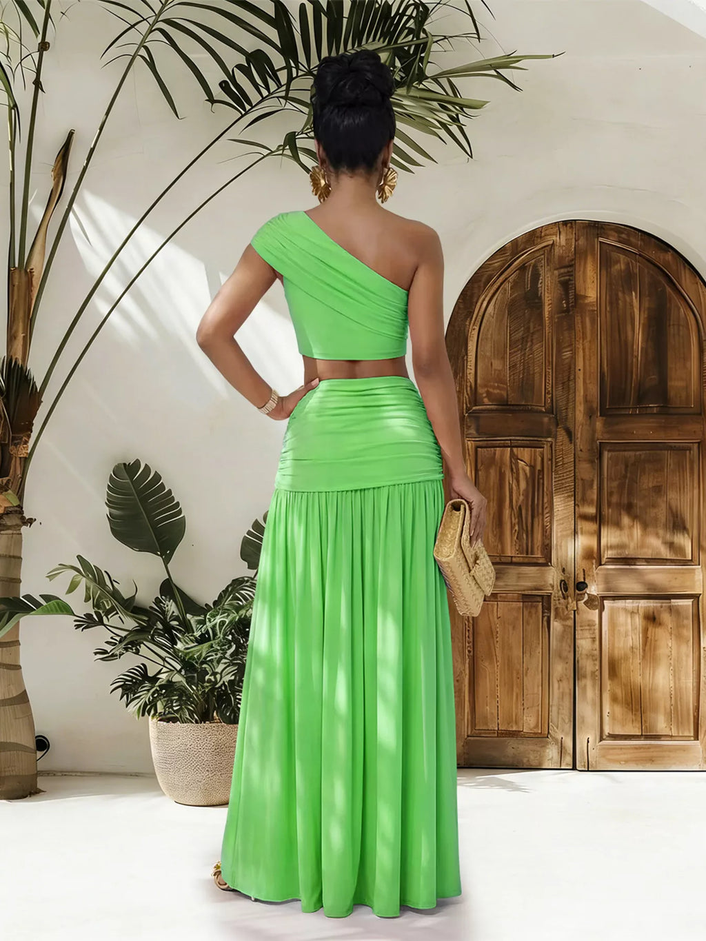 One-Shoulder Top and Ruched Maxi Skirt Set in Green for Women