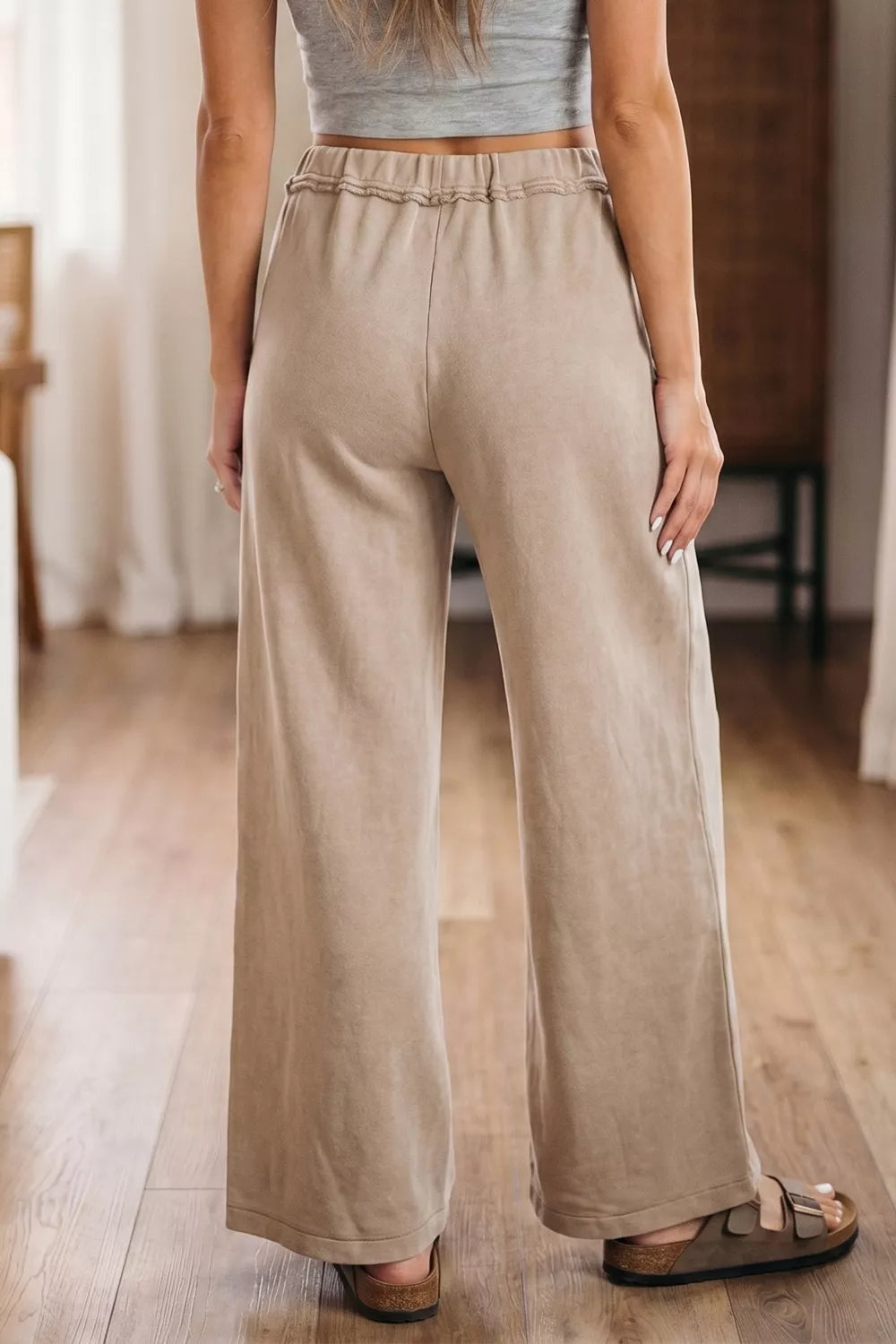 Mineral Wash Drawstring Retro High Waist Wide Leg Western Pants in Khaki for Women