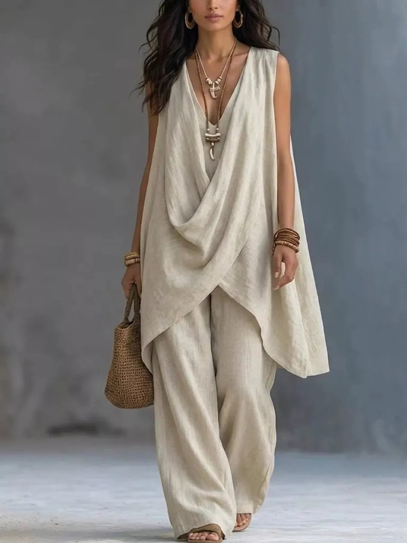 Sleeveless Asymmetrical Top and Wide Leg Pants Set in Black for Women