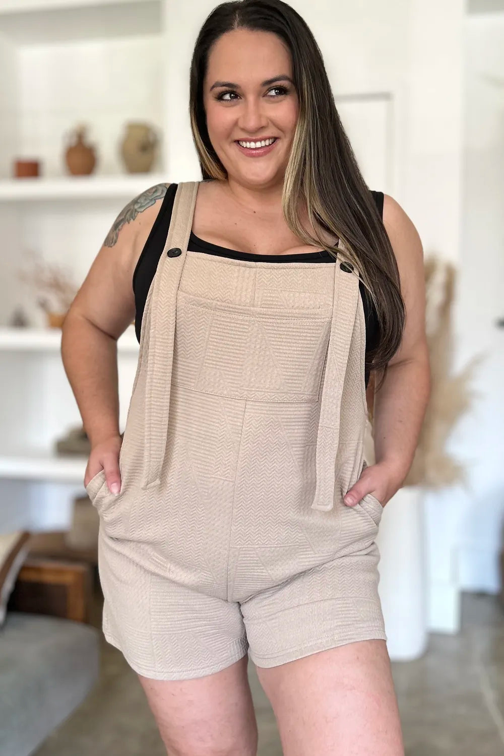Plus Size Texture Sleeveless Romper in Khaki for Women