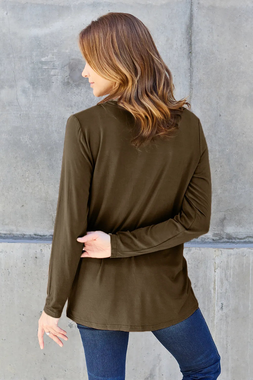Plus Size V-Neck Long Sleeve Top in Mocha for Women