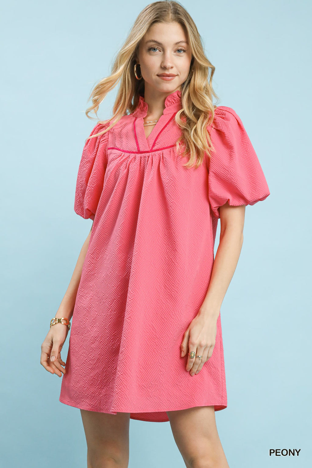 Seersucker Puff Sleeve Dress in Peony for Women