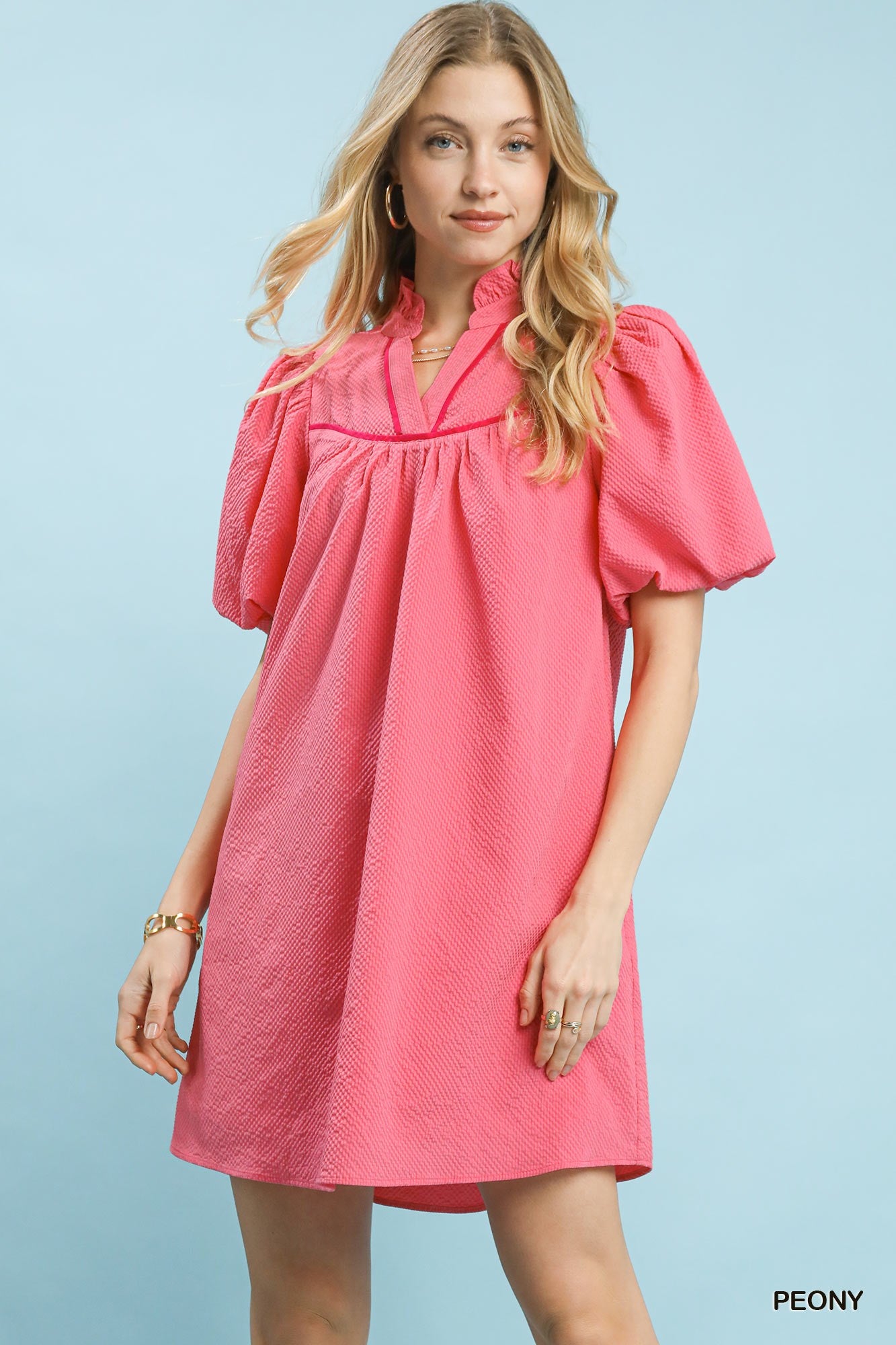 Seersucker Puff Sleeve Dress in Peony for Women