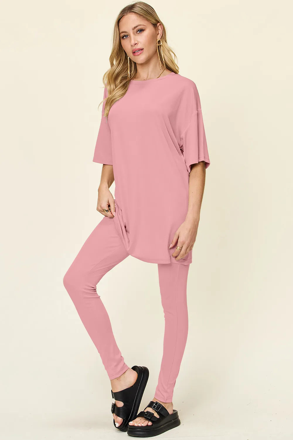 Plus Size Round Neck Dropped Shoulder T-Shirt and Leggings Set in Dusty Pink for Women