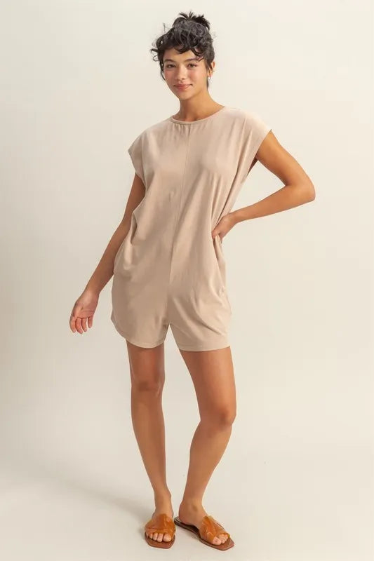 Round Neck Cap Sleeve Relaxed Fit Breezy Romper in Tan for Women