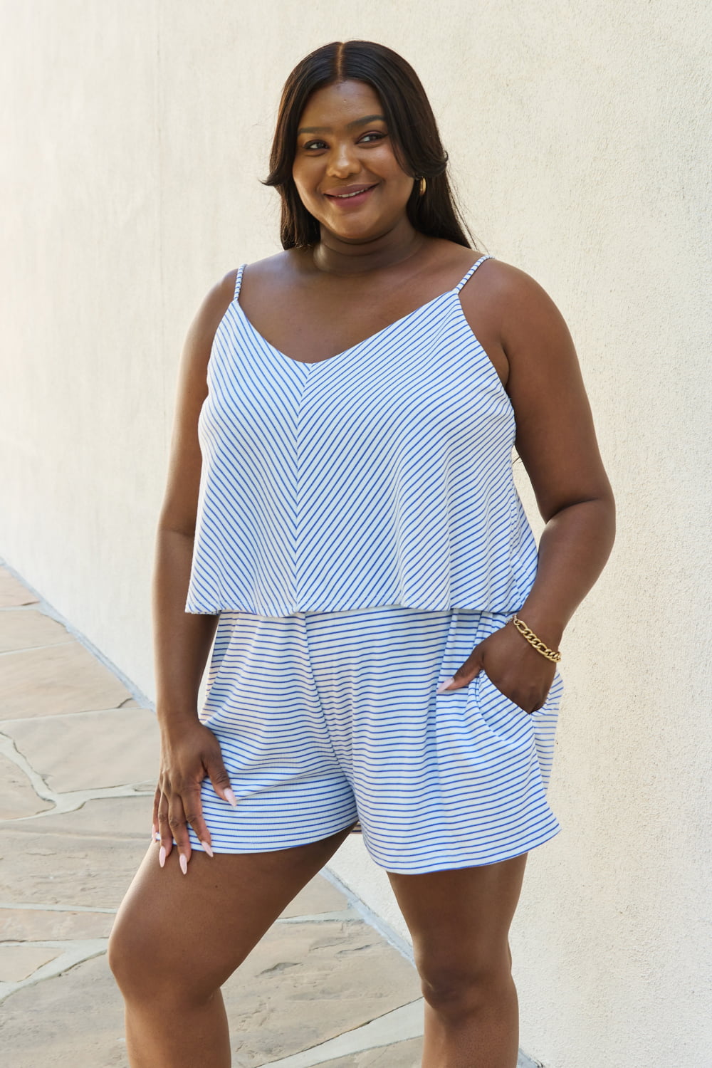 Let It Happen Plus Size Double Flare Striped Romper in Cobalt Blue in Stripe for Women