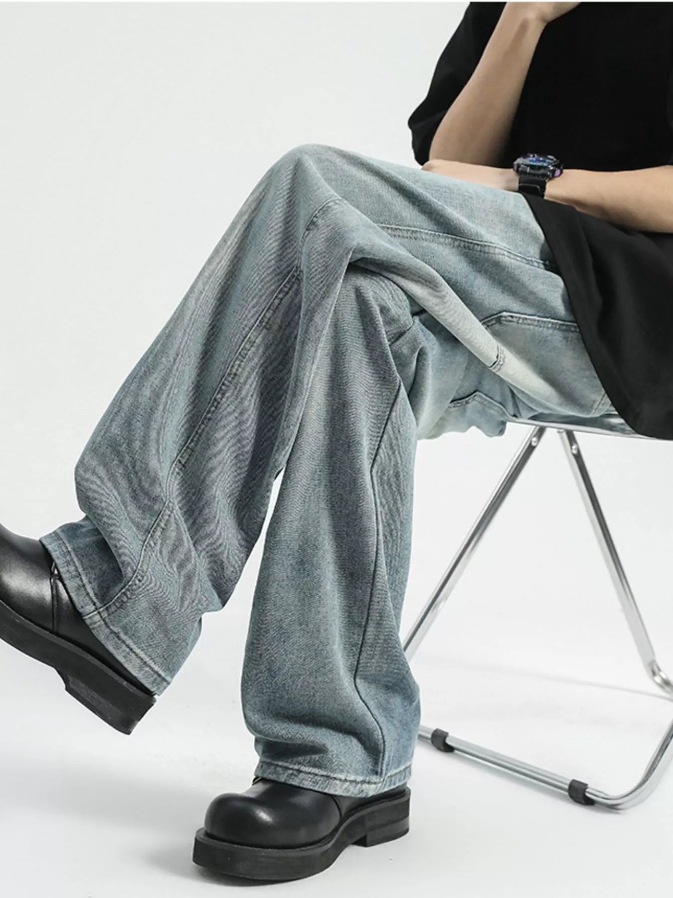 Washed Wide Leg Drawstring Jeans Plus Size in Light Blue for Men