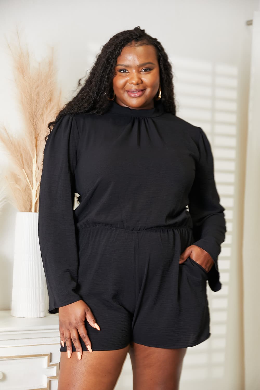 Plus Size Open Back Romper with Pockets in Black for Women