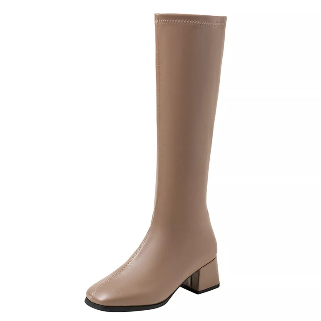 Square Toe Block Heels Boots in Off-White for Women