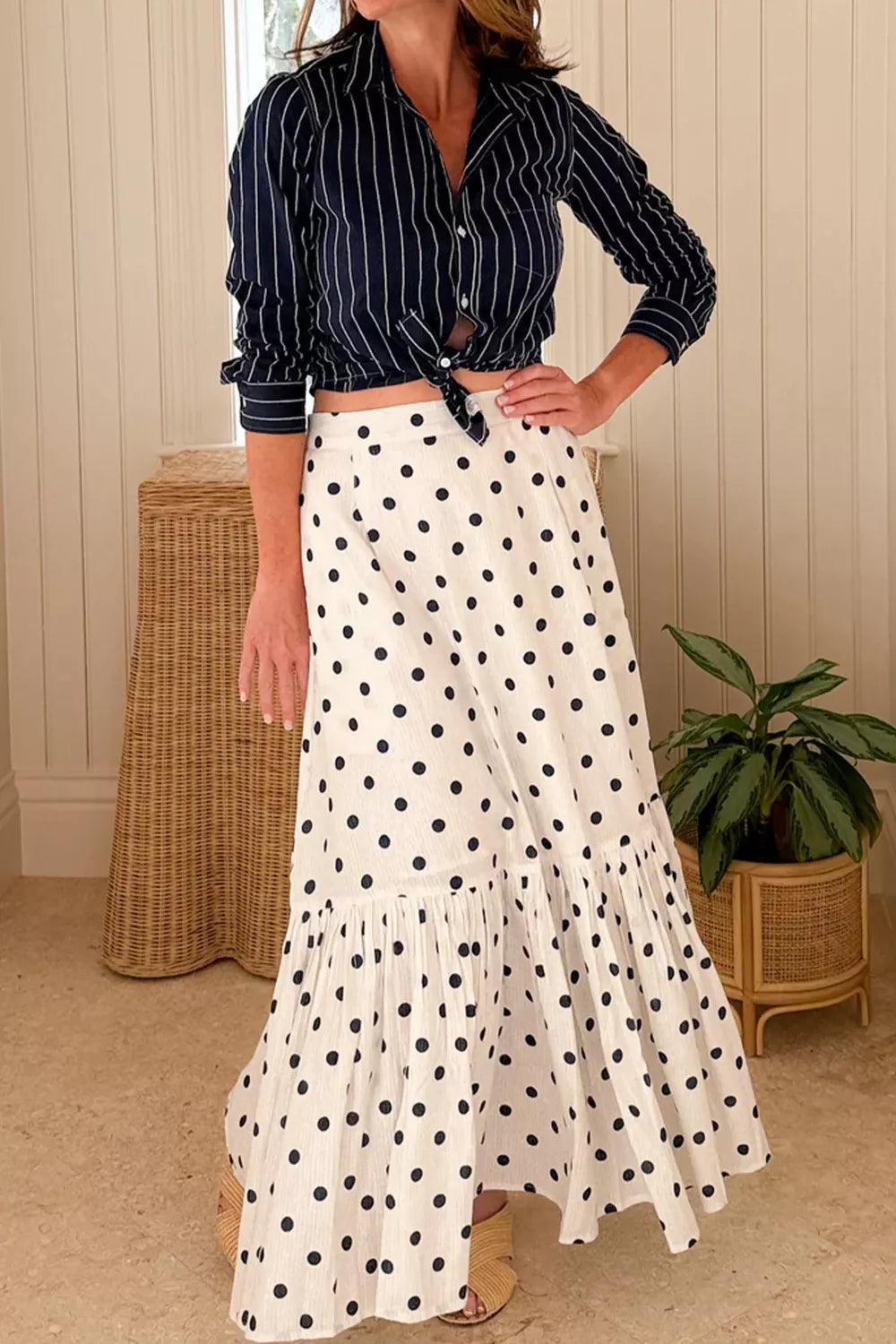Polka Dot Ruffled Slit Maxi Skirt for Women