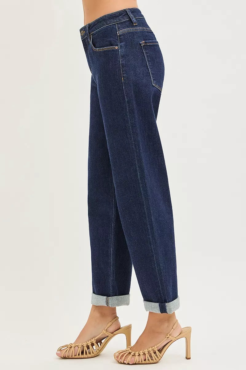 Slouchy Cropped Boyfriend Jeans with Cuffed Hem in Solid Dark for Women