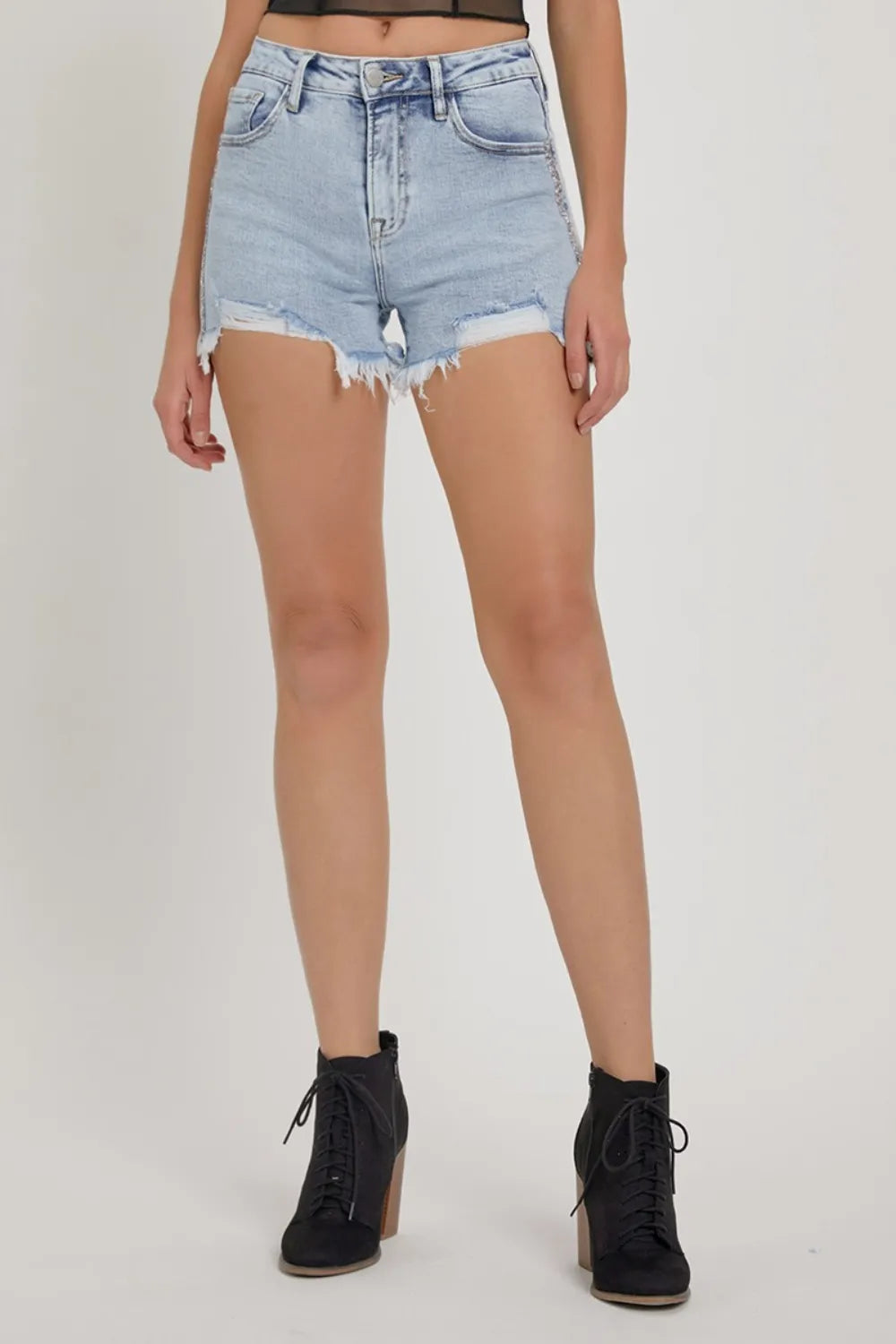 Plus Size High Rise Rhinestone Strap Embellished Denim Shorts in Acid Light for Women