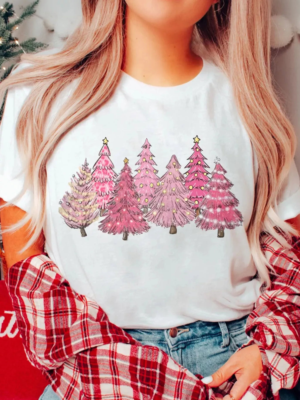 Lighting Christmas Trees Graphic Tee Plus Size in White for Women