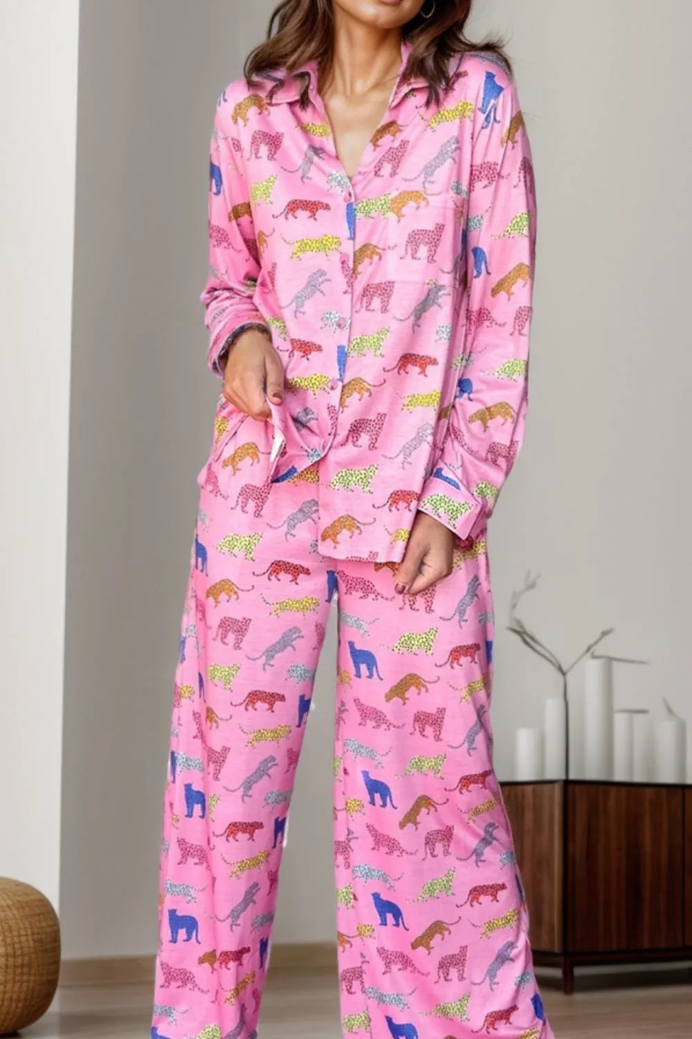 Pocketed Printed Top and Pants Lounge Set in Pink for Women