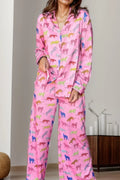 Pocketed Printed Top and Pants Lounge Set in Pink for Women