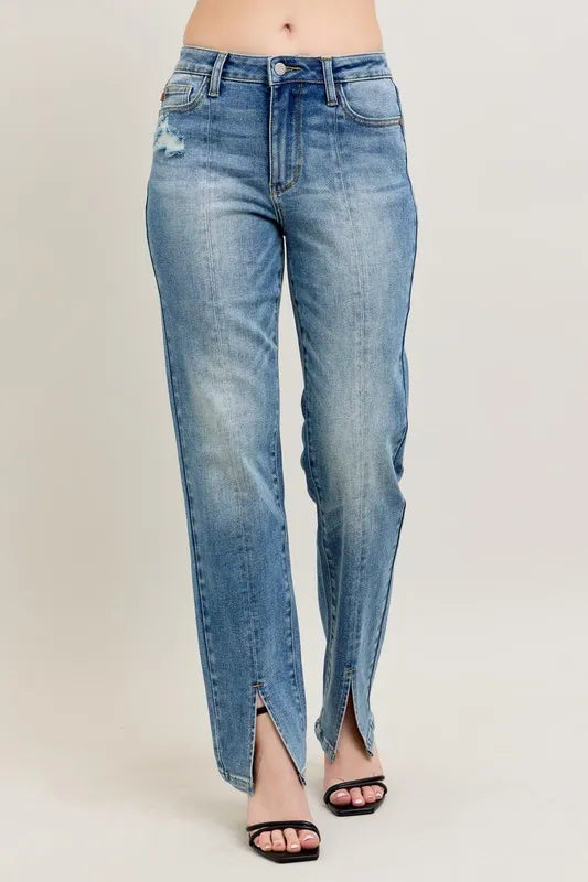 High Waist Vintage Wash Front Seam & Slit Straight Plus Size in Md for Women