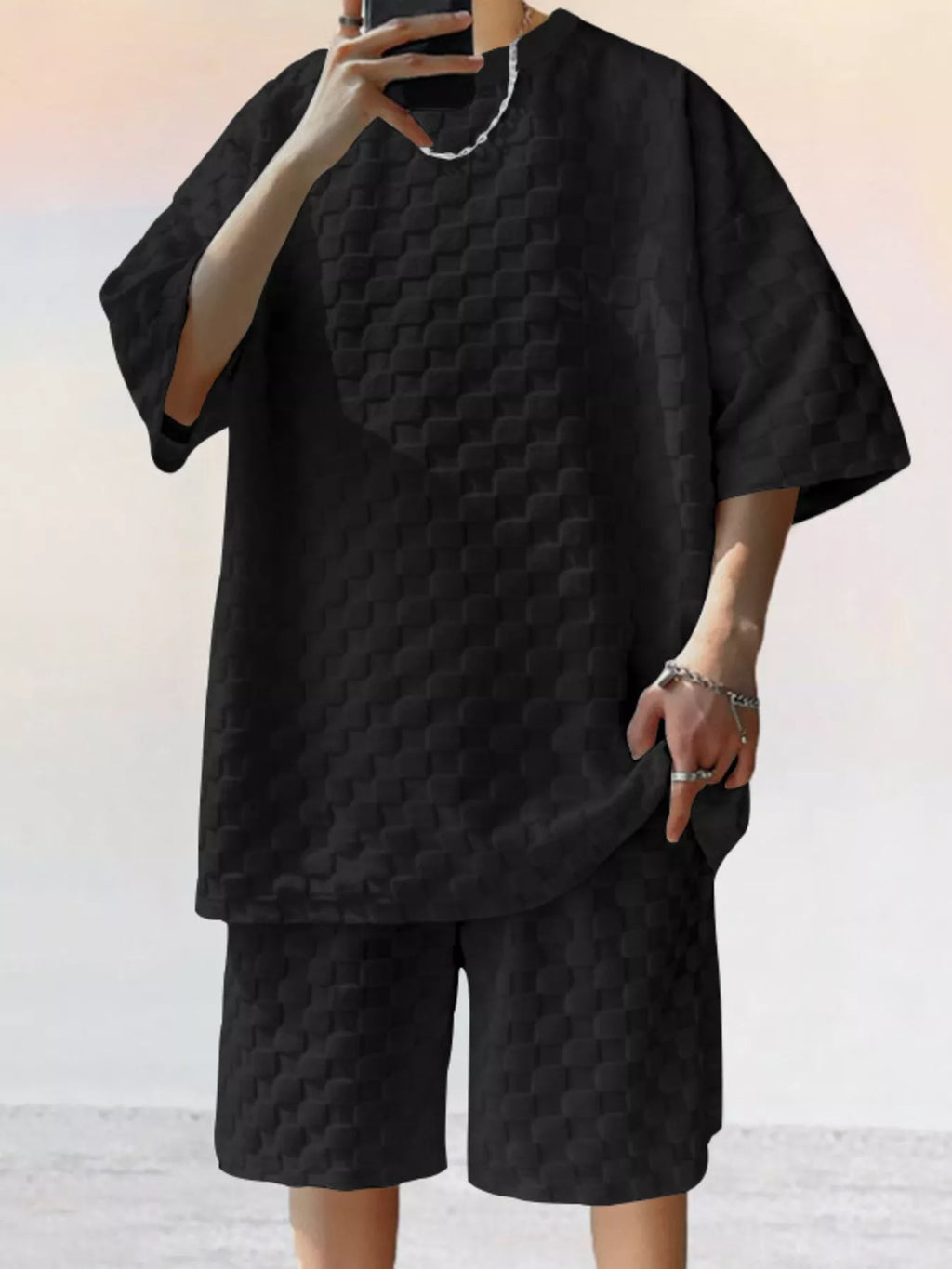 Textured Short Sleeve Tee and Shorts Casual Set Plus Size in Black for Men