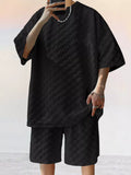 Textured Short Sleeve Tee and Shorts Casual Set Plus Size in Black for Men