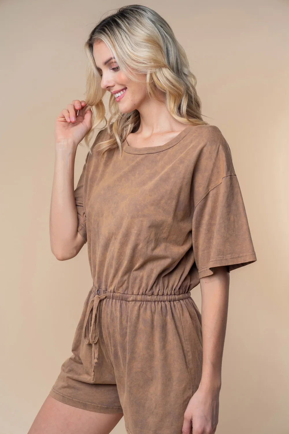 Plus Size Short Sleeve Drawstring Romper in Cocoa for Women