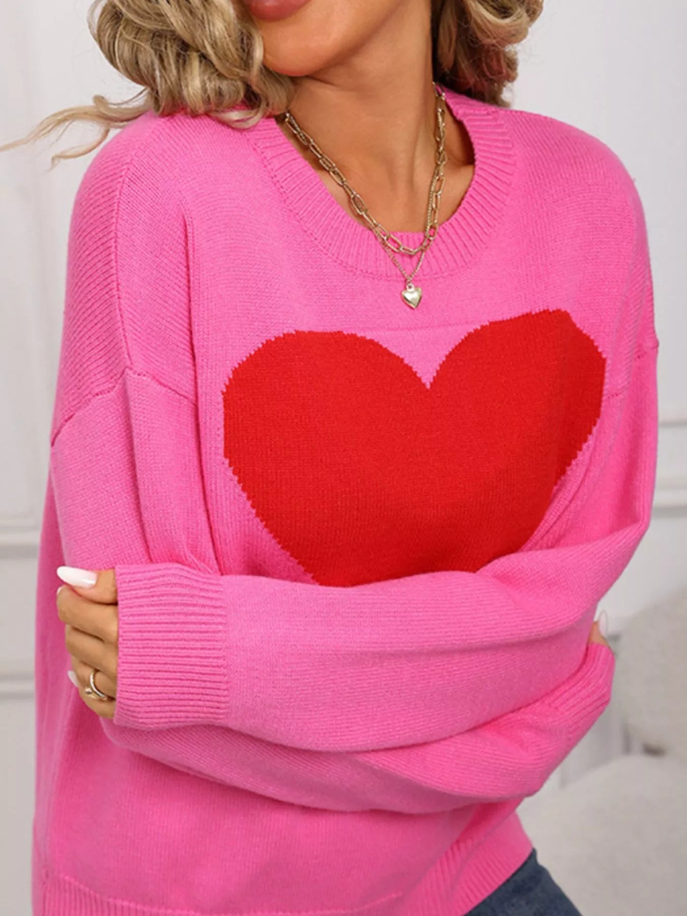 Valentines Day Heart Round Neck Dropped Shoulder Sweater in White for Women