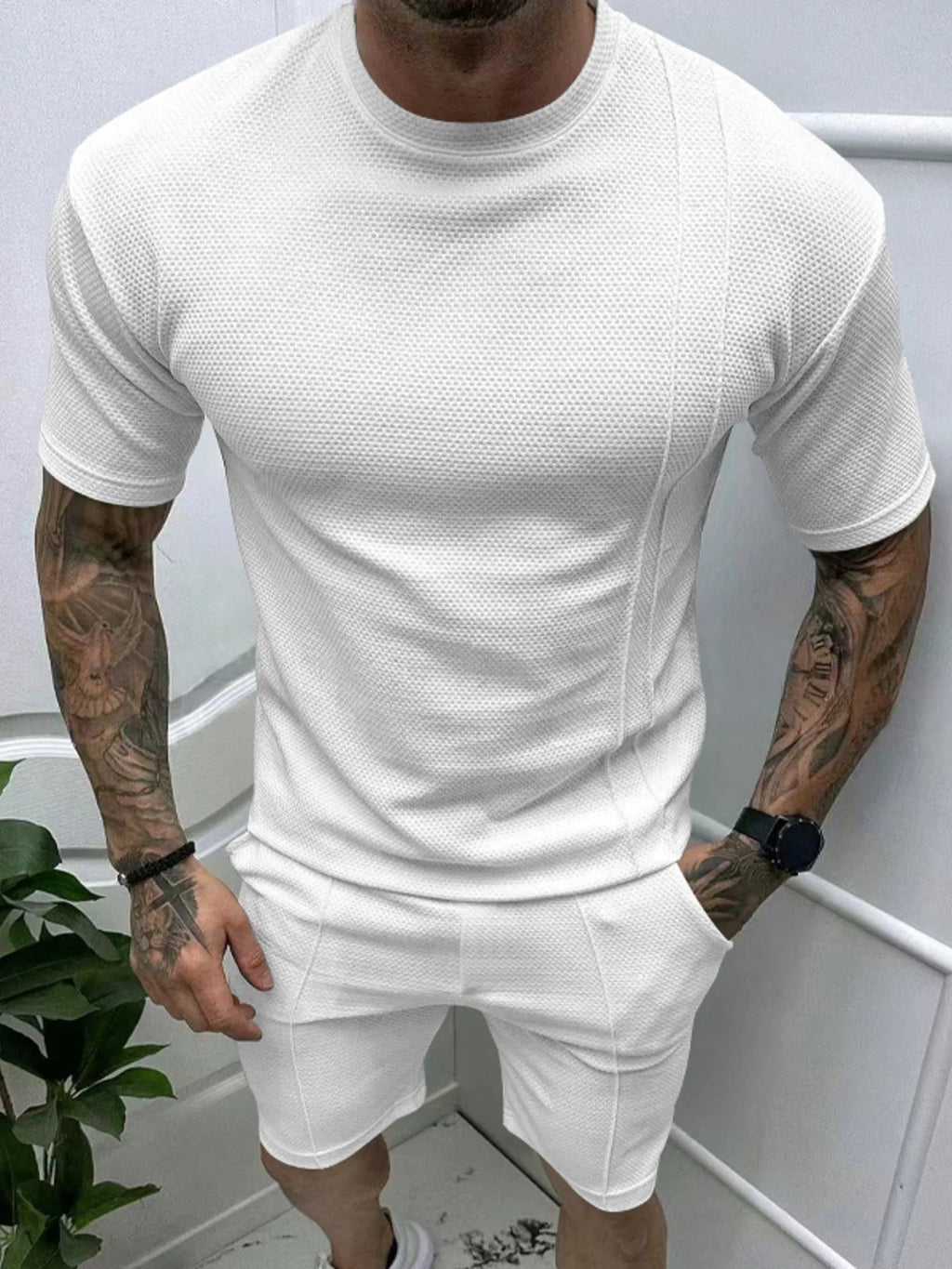 Round Neck Tee and Shorts Set Plus Size in White for Men