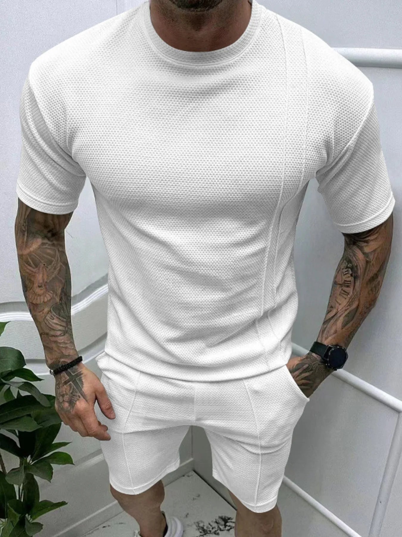 Round Neck Tee and Shorts Set Plus Size in White for Men