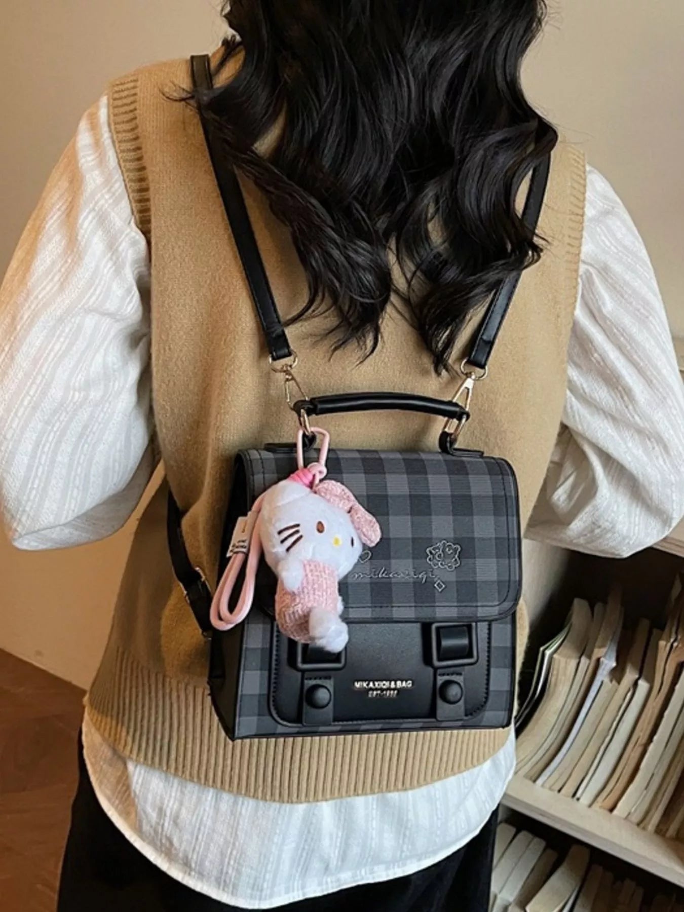 Plaid Pattern Embroidered Flap Backpack Bag for Women