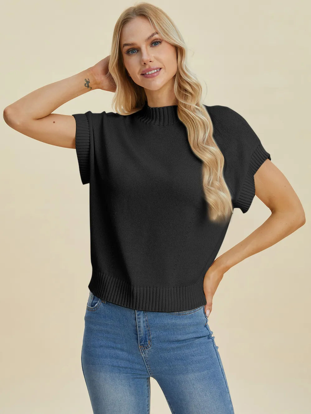 Plus Size Mock Neck Short Sleeve Sweater in Purple for Women