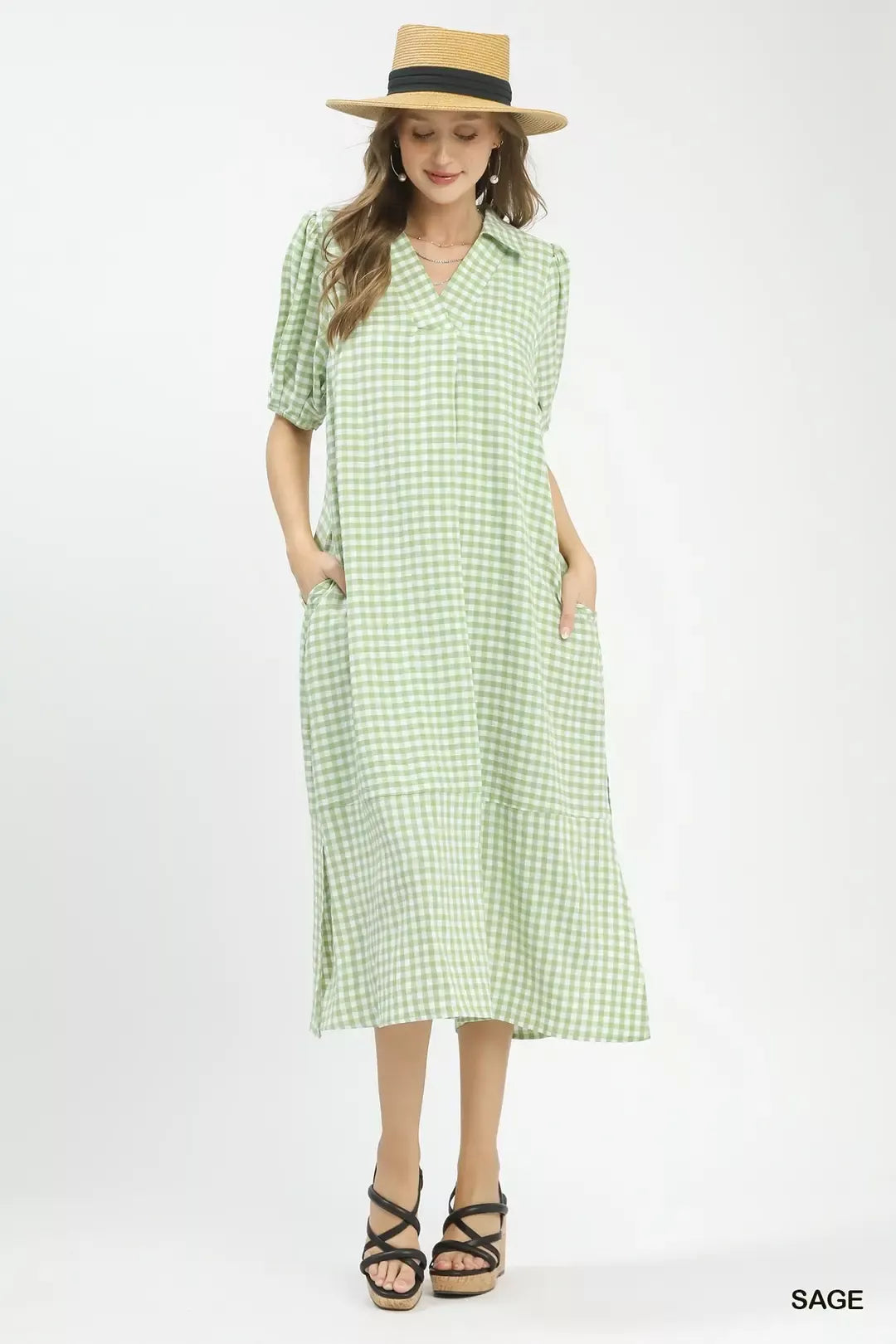 Gingham Midi Dress with Side Pockets in Sage for Women