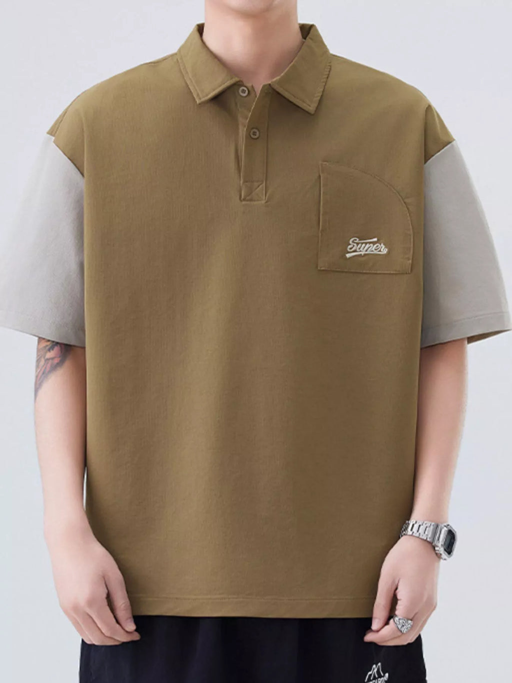 Plus Size Button Detail Short Sleeve Casual Polo in Black for Men