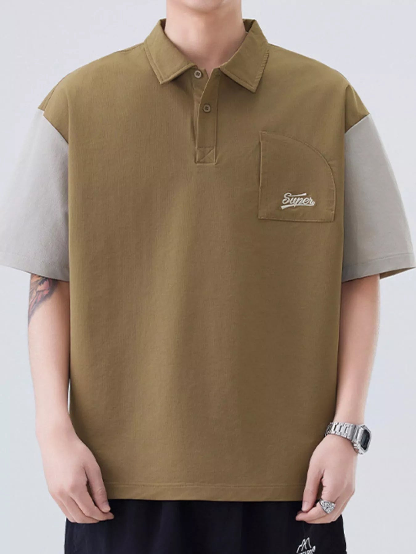 Plus Size Button Detail Short Sleeve Casual Polo in Black for Men