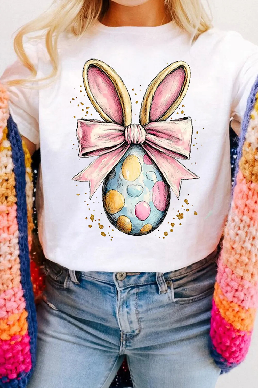 Easter Egg Bow Bunny Ear Graphic T-Shirt in White for Women