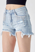 Frayed Hem Denim Shorts with Fringe Detail Pockets in Light for Women