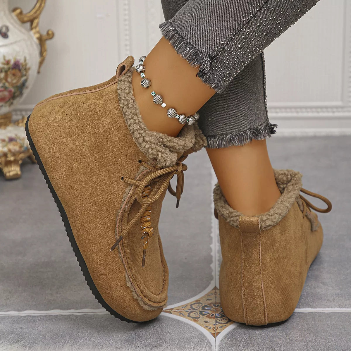 Plush Lined Ankle Boots in Brown for Women