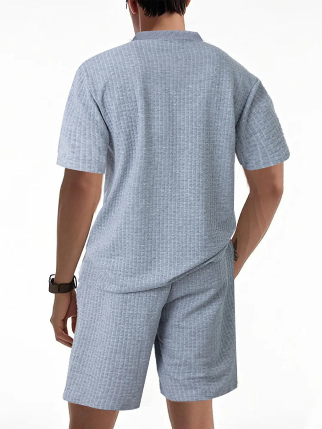 Textured Round Neck Top and Shorts Set Plus Size in Army Green for Men