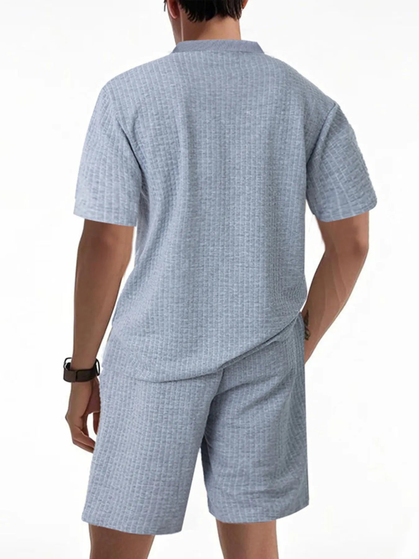 Textured Round Neck Top and Shorts Set Plus Size in Army Green for Men