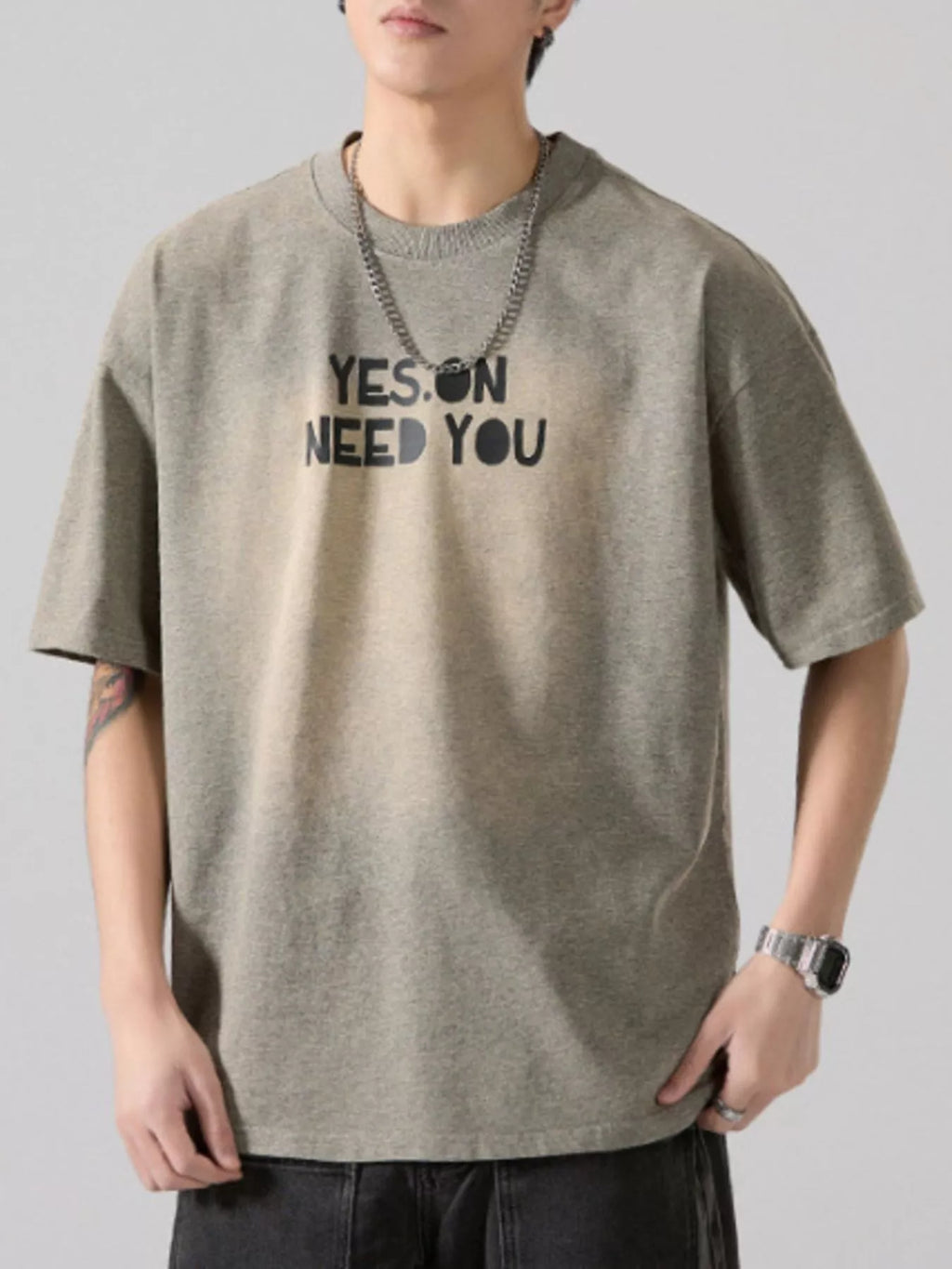 Letter Round Neck Short Sleeve T-Shirt Plus Size in Washed Gray for Men