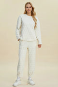 Plus Size Texture Round Neck Long Sleeve Top and Pants Set in Beige for Women