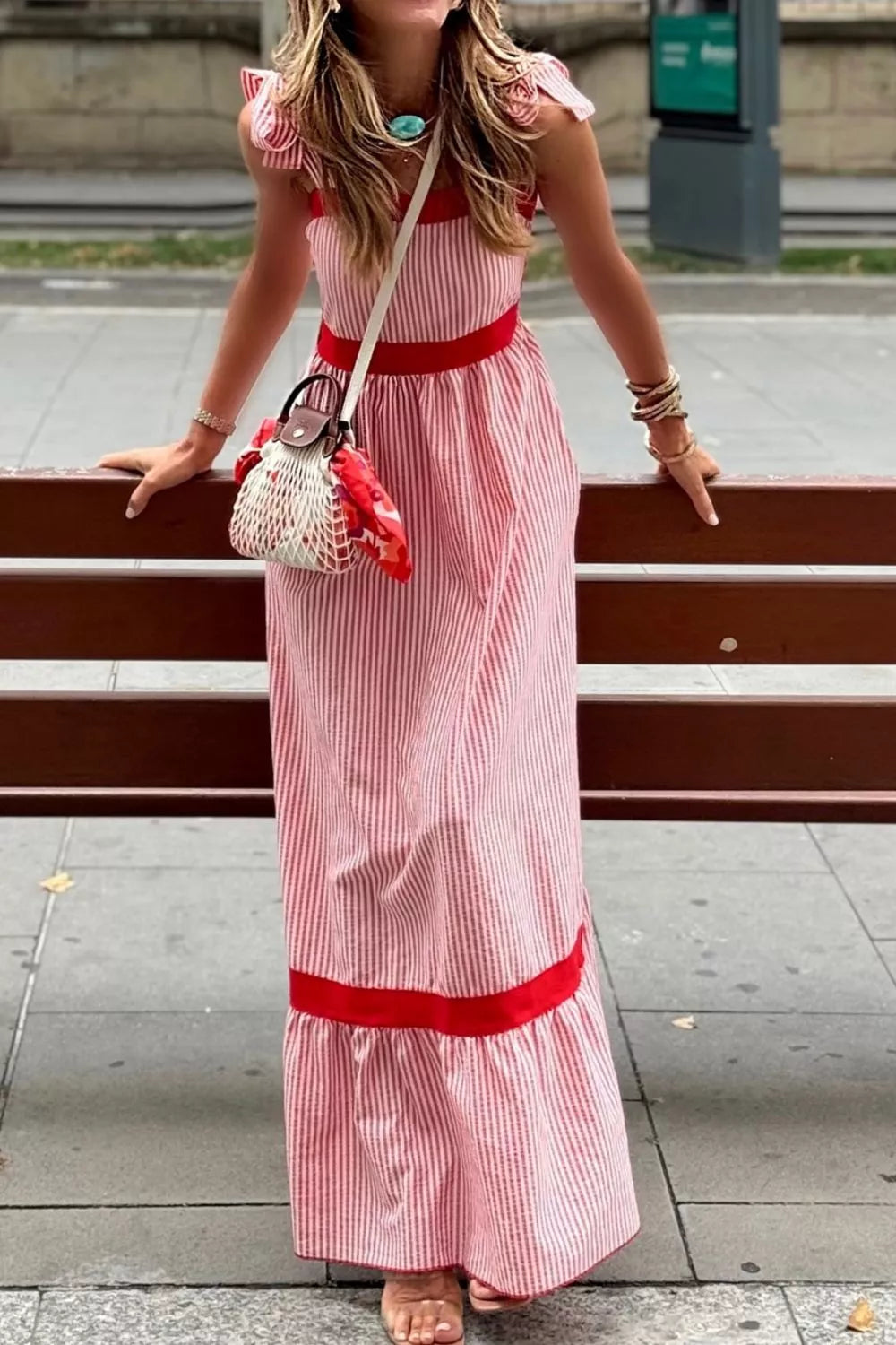 Stripe Bow Knot Straps Contrast Trim High Waist Ruffle Hem Maxi Dress in Dusty Pink for Women