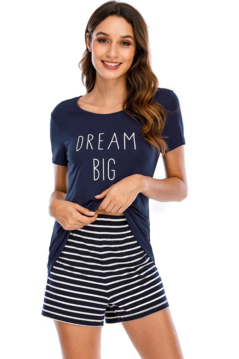 Graphic Round Neck Top and Striped Shorts Lounge Set in Dark Blue for Women