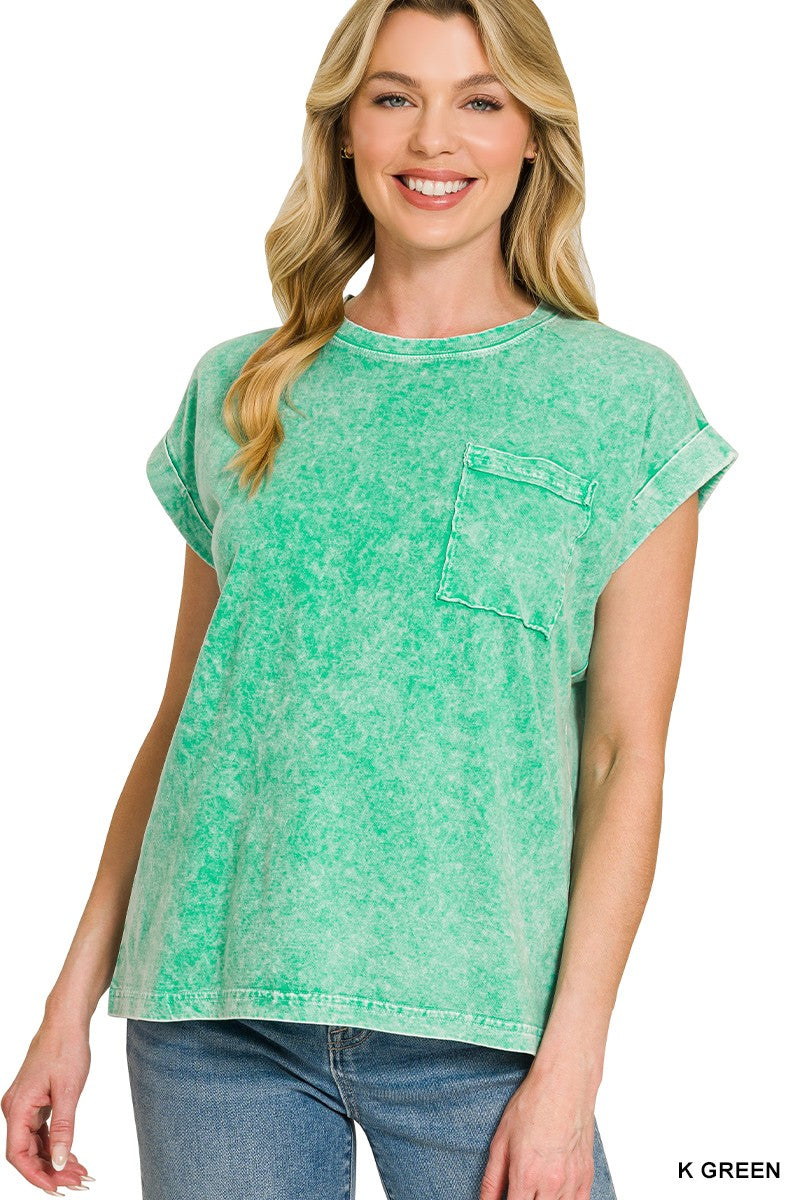 Halo Snow Washed Cuffed Short Sleeve Tee in Green for Women