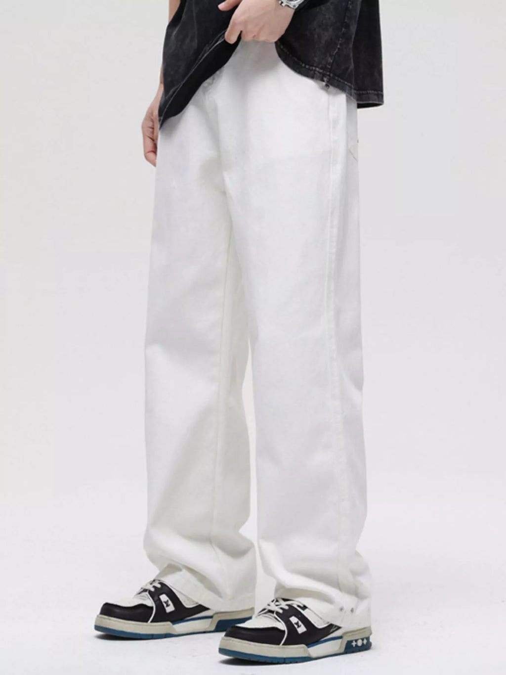 Washed Wide Leg Jeans Plus Size in Black for Men