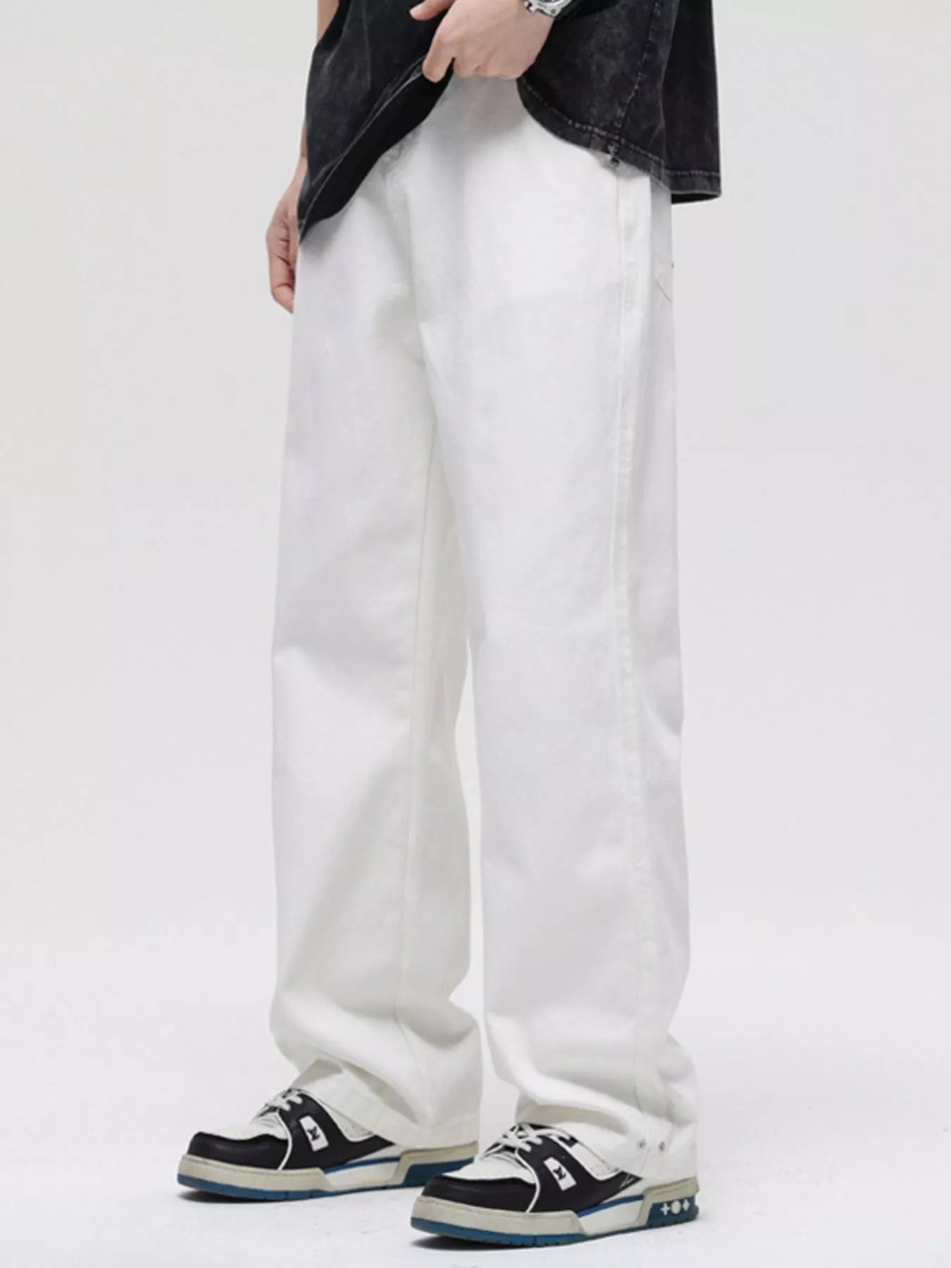 Washed Wide Leg Jeans Plus Size in Black for Men