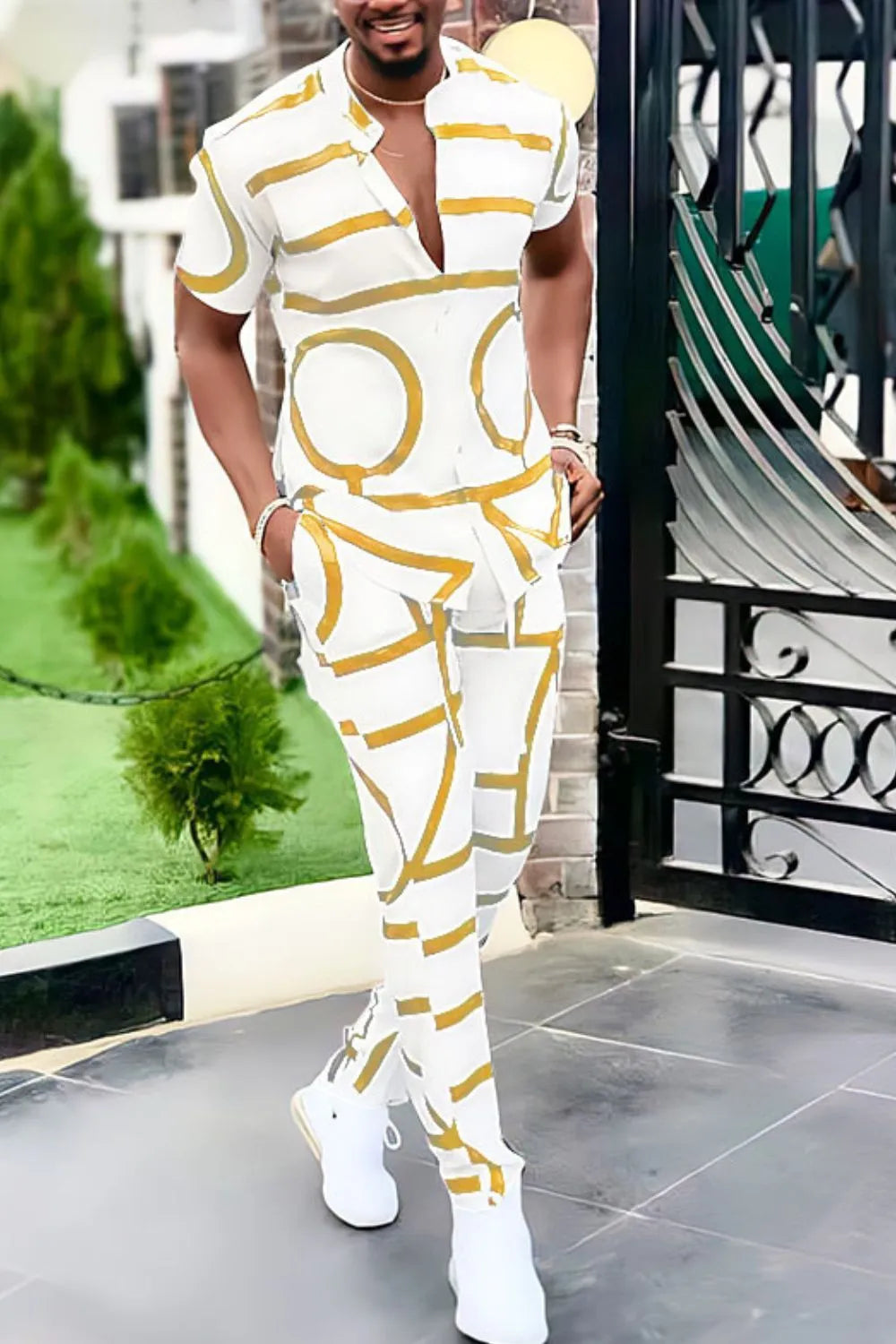Geo Print Short Sleeve Top and Pants Set Plus Size in White for Men