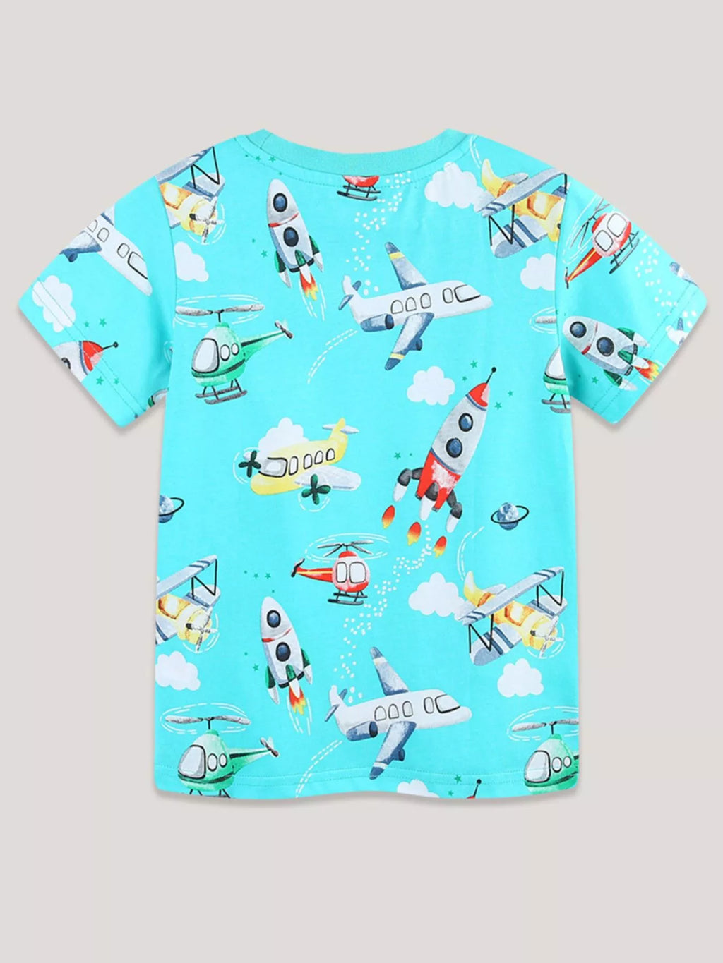 Airplane & Rocket Print Crew Neck Short Sleeve T-Shirt in Aqua for Boys